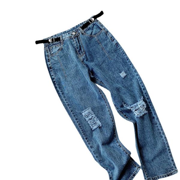 women's jeans street high waist straight tube worn hole beggar denim pants, Blue