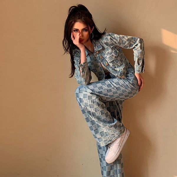 women's two piece pants checkerboard sets female 2021 trendy casual grid denim dance clothing spring autumn women tooling, White
women's two piece pants checkerboard sets female 2021 trendy casual grid denim dance clothing spring autumn women tooling, White