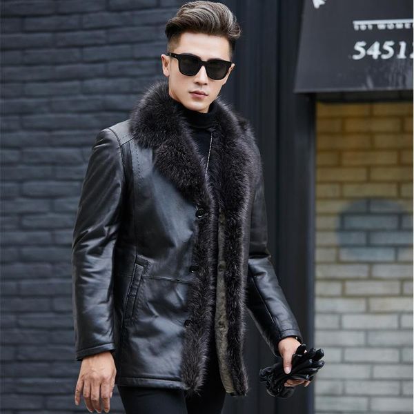 men's leather & faux haining male raccoon fur collars of long thickening one coat, Black
men's leather & faux haining male raccoon fur collars of long thickening one coat, Black