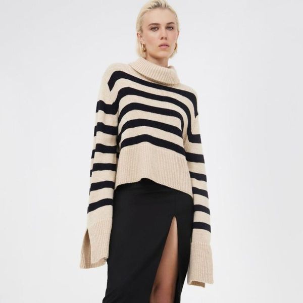 women's sweaters 2021 knitted striped turtleneck sweater autumn long split sleeve loose pullover casual warm winter, White;black
women's sweaters 2021 knitted striped turtleneck sweater autumn long split sleeve loose pullover casual warm winter, White;black