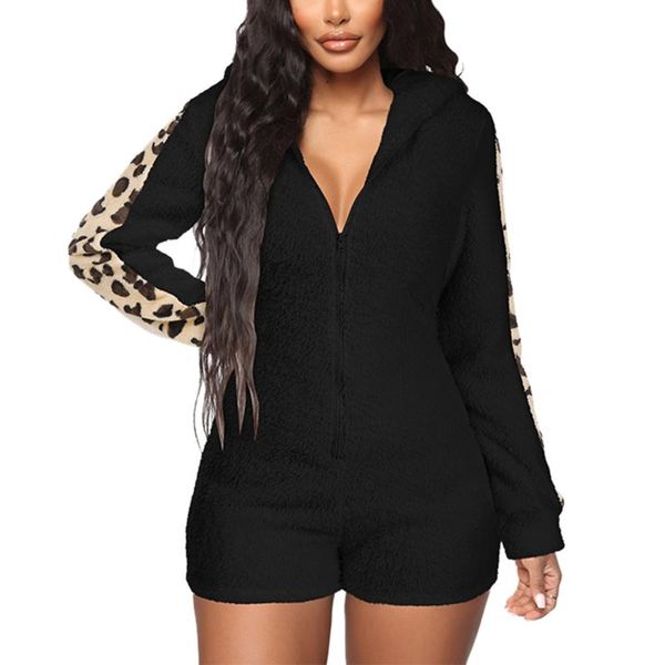 women's shorts fuzzy romper leopard long sleeve zip up hooded v-neck ladies skinny short pants homewear, White;black
women's shorts fuzzy romper leopard long sleeve zip up hooded v-neck ladies skinny short pants homewear, White;black