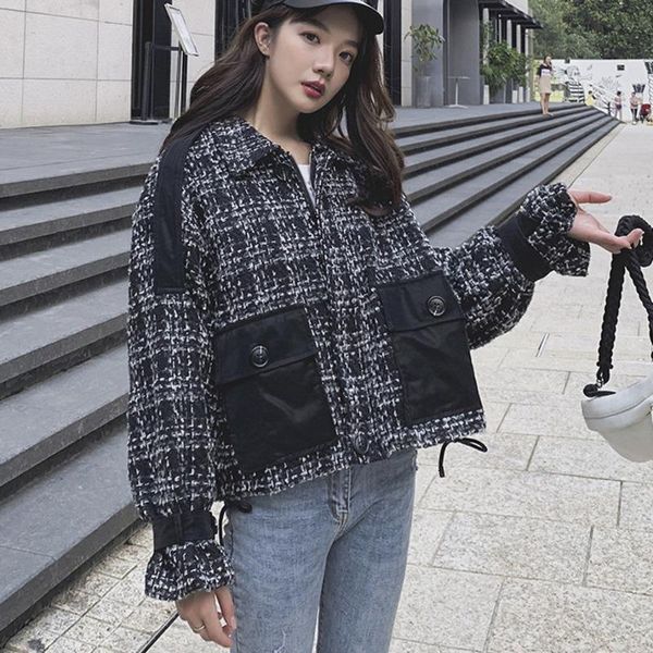 women's wool & blends fashion tide autumn and winter lapel colorblock double pocket plaid loose tweed woolen coat female pb753, Black
women's wool & blends fashion tide autumn and winter lapel colorblock double pocket plaid loose tweed woolen coat female pb753, Black