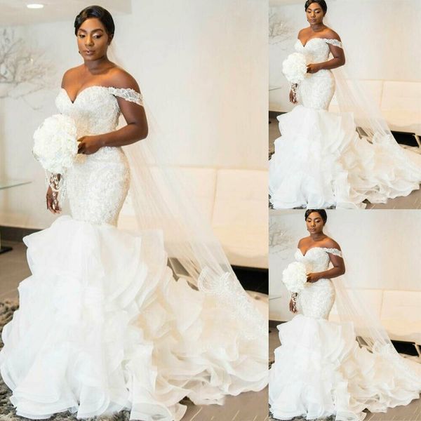 plus size african wedding dresses ruffles sweep train beaded appliques off shoulder mermaid bridal gowns, White
plus size african wedding dresses ruffles sweep train beaded appliques off shoulder mermaid bridal gowns, White