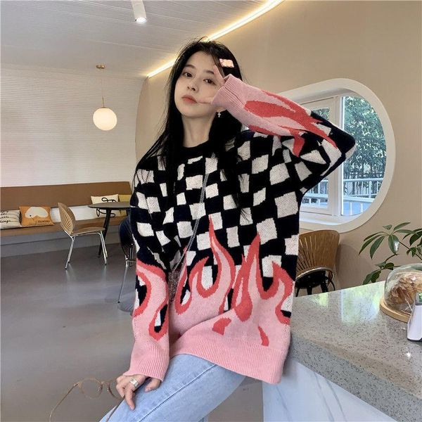 women's sweaters style plaid flame women korean loose knitted pullovers autumn winter fashion vintage outwear warm sweater female, White;black
women's sweaters style plaid flame women korean loose knitted pullovers autumn winter fashion vintage outwear warm sweater female, White;black
