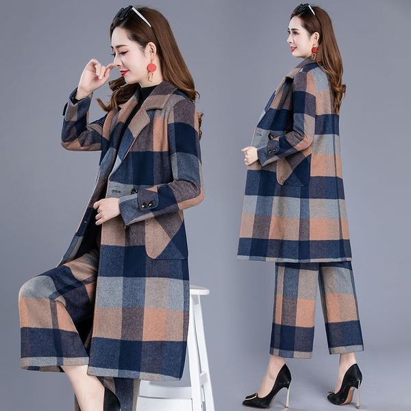 women's two piece pants autumn and winter clothing mature temperament woolen plaid coat wide-leg fashion two-piece suit, White
women's two piece pants autumn and winter clothing mature temperament woolen plaid coat wide-leg fashion two-piece suit, White