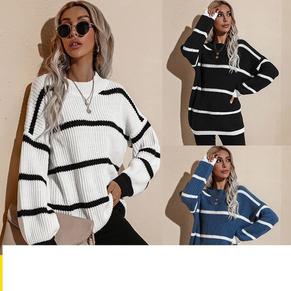 european and american women's autumn and winter new round neck retro loose stripe pullover knitted sweater, White
european and american women's autumn and winter new round neck retro loose stripe pullover knitted sweater, White