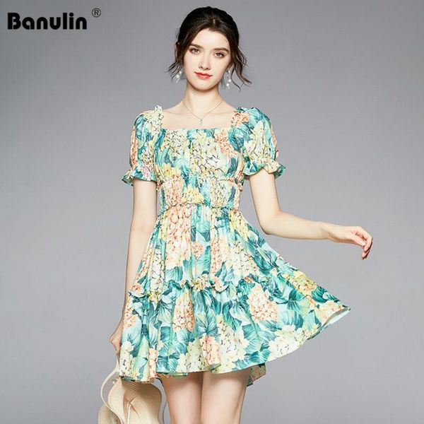 casual dresses banulin 2021 summer runway puff sleeve floral print green dress women off shoulder elastic waist beach boho mini n66179, Black;gray 
casual dresses banulin 2021 summer runway puff sleeve floral print green dress women off shoulder elastic waist beach boho mini n66179, Black;gray
