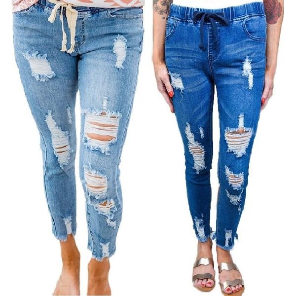 women's jeans drawstring denim for women ripped hole stretch jean ladies plus size elastic waist pencil pants, Blue
women's jeans drawstring denim for women ripped hole stretch jean ladies plus size elastic waist pencil pants, Blue