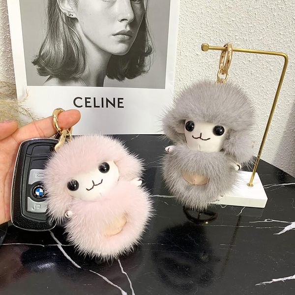 keychains natural cute real sheep toy keyring pompom bag charm ornaments car phone pendant keychain gift, Silver