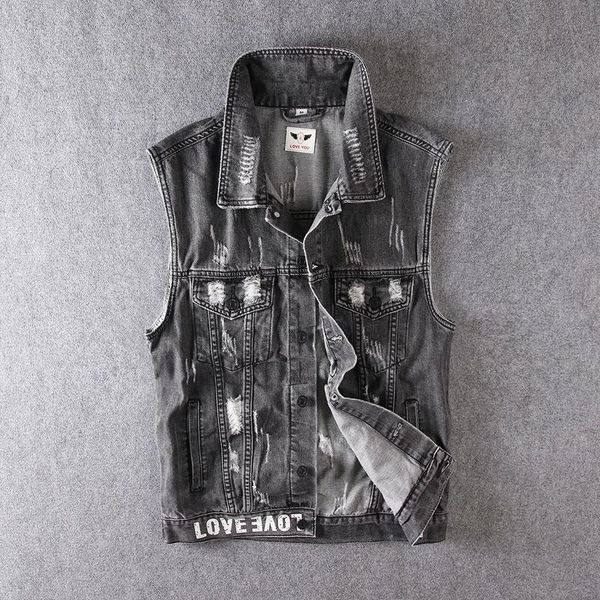 men's vests spring autumn fashion men vest black gray patches designer ripped denim rock style sleeveless hip hop biker coats, Black;white
men's vests spring autumn fashion men vest black gray patches designer ripped denim rock style sleeveless hip hop biker coats, Black;white