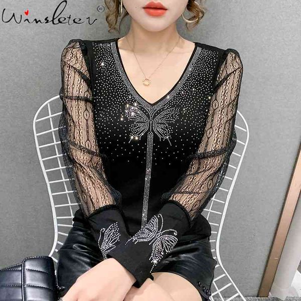 women's t-shirt spring fall cotton girls chic v-neck shiny diamonds butterfly pathwork lace women hollow out tees t11614, White
women's t-shirt spring fall cotton girls chic v-neck shiny diamonds butterfly pathwork lace women hollow out tees t11614, White