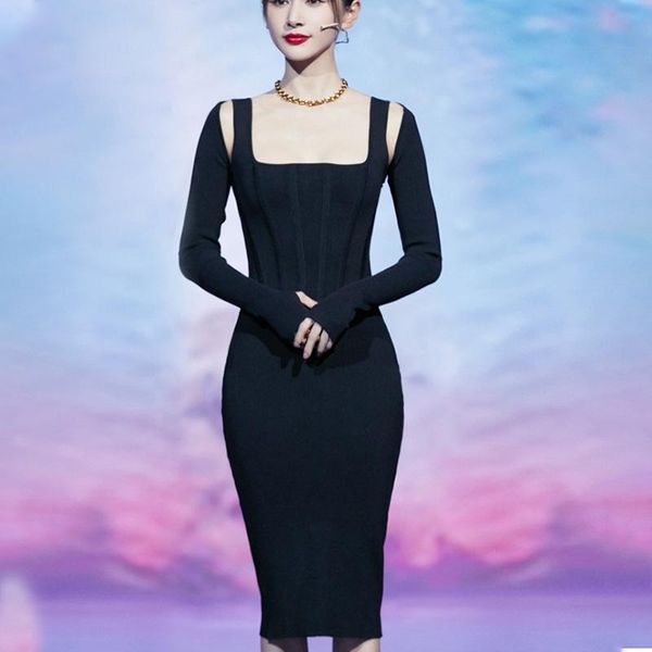 casual dresses patchwork black two-piece women's square collar sleeveless high waist dress long sleeve knitted slim sweater women, Black;gray
casual dresses patchwork black two-piece women's square collar sleeveless high waist dress long sleeve knitted slim sweater women, Black;gray