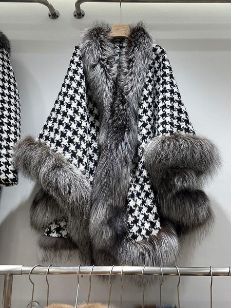 women's fur & faux natural real silver collar woolen women coat cape outerwear streetwear autumn winter wool cloak, Black
women's fur & faux natural real silver collar woolen women coat cape outerwear streetwear autumn winter wool cloak, Black