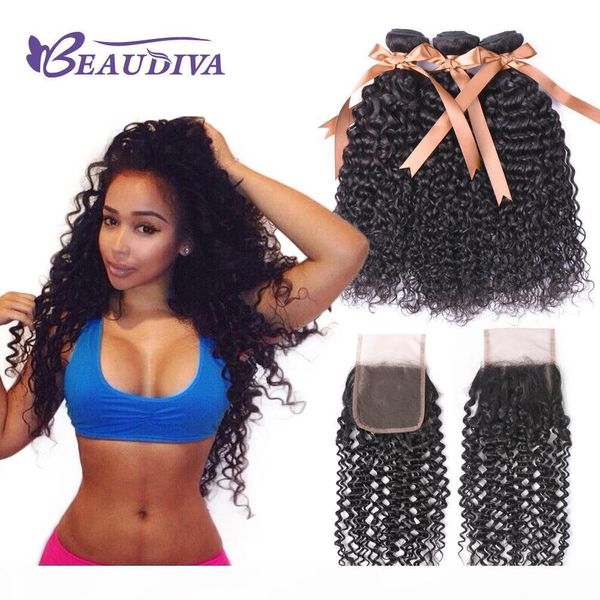 

beau diva 8a kinky curly 3 bundles with closure unprocessed brazilian virgin hair remy human hair bundles with 4x4 lace closure, Black;brown