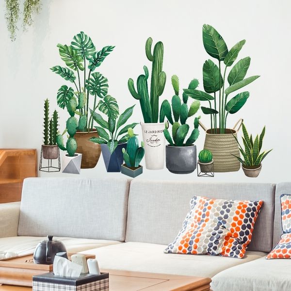Green Plant Wall Stickers DIY Potted Culture Mural Decals for Living Room Bedroom Kitchen Nursery Home Decoration 210310