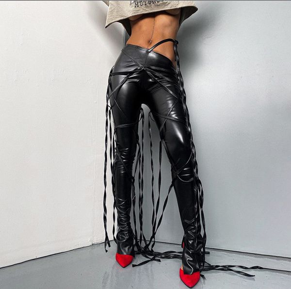 pant new women oblique waist streamer pu pants casual lace up faux leather fashion streetwear trousers, Gray
pant new women oblique waist streamer pu pants casual lace up faux leather fashion streetwear trousers, Gray