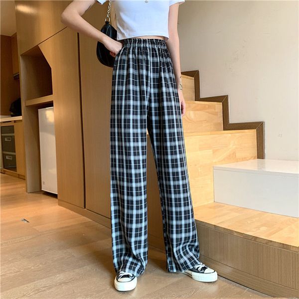 high waist slim fit wide leg pants draped elastic waist plaid trousers wild plaid summer korean womens 2021 new casual pants, Black;white
high waist slim fit wide leg pants draped elastic waist plaid trousers wild plaid summer korean womens 2021 new casual pants, Black;white