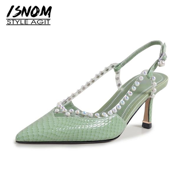 sandals isnom 2021 women stiletto high heels real leather summer shoes woman v shape slingback pearl pointed toe, Black 
sandals isnom 2021 women stiletto high heels real leather summer shoes woman v shape slingback pearl pointed toe, Black