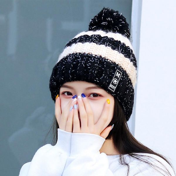 beanie/skull caps winter women's kawaii wool ball mixed color striped knitted hat trendy wild pus velvet warm and cold-proof riding woo, Blue;gray
beanie/skull caps winter women's kawaii wool ball mixed color striped knitted hat trendy wild pus velvet warm and cold-proof riding woo, Blue;gray