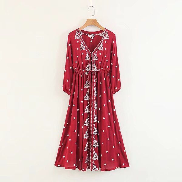 bohemian v neck embroidery flower drawstring lace up waist dress ethnic woman cotton linen dresses beach holiday 5 color, Red
bohemian v neck embroidery flower drawstring lace up waist dress ethnic woman cotton linen dresses beach holiday 5 color, Red
