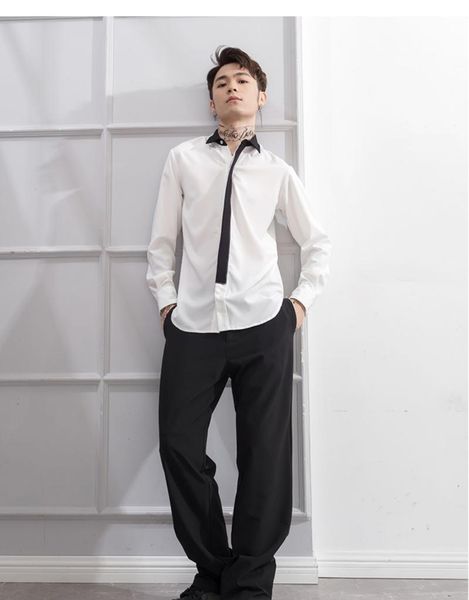 white slim shirt men's slim long sleeve shirt black collar with dark placket and round hem, White;black
white slim shirt men's slim long sleeve shirt black collar with dark placket and round hem, White;black