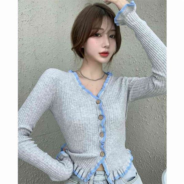gentle wind wood ear gray knitted sweater cardigan female autumn long-sleeved coat style short slim section 210529, White
gentle wind wood ear gray knitted sweater cardigan female autumn long-sleeved coat style short slim section 210529, White