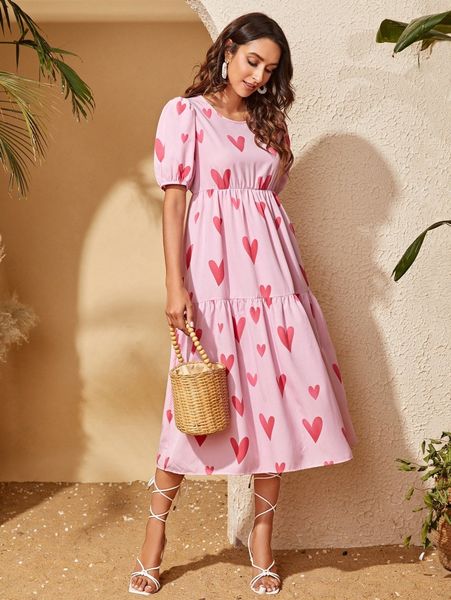 heart print puff sleeve dress i7ld#, Black;gray