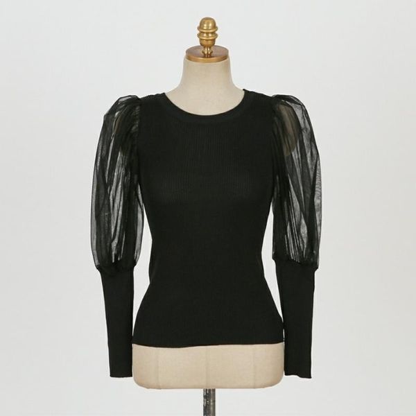 women's sweaters zoki 2021 women pullover sweater fashion o-neck mesh patchwork puff long sleeve jumper knit elegant korean female blou, White;black 
women's sweaters zoki 2021 women pullover sweater fashion o-neck mesh patchwork puff long sleeve jumper knit elegant korean female blou, White;black