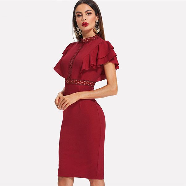 

burgundy red high waist vintage ruffle sleeve lady bodycon dress elegant retro party lace eyelet hem slit dresses new, Black;gray