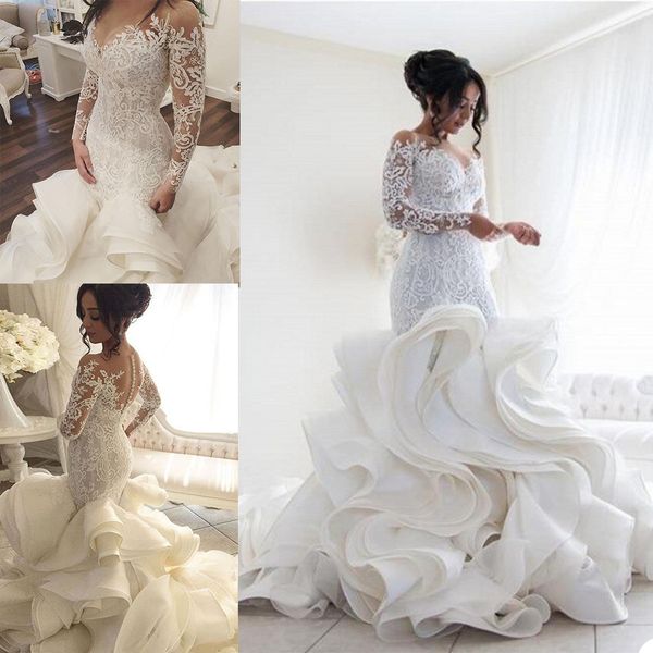 2021 wedding dresses v neck long sleeves lace appliques bridal gowns custom made button back sweep train mermaid wedding dress, White
2021 wedding dresses v neck long sleeves lace appliques bridal gowns custom made button back sweep train mermaid wedding dress, White