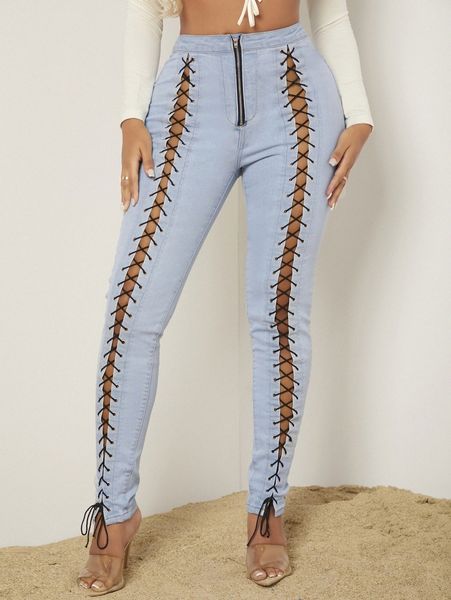 sxy zip up grommet eyelet lace up jeans 43cx#, Blue