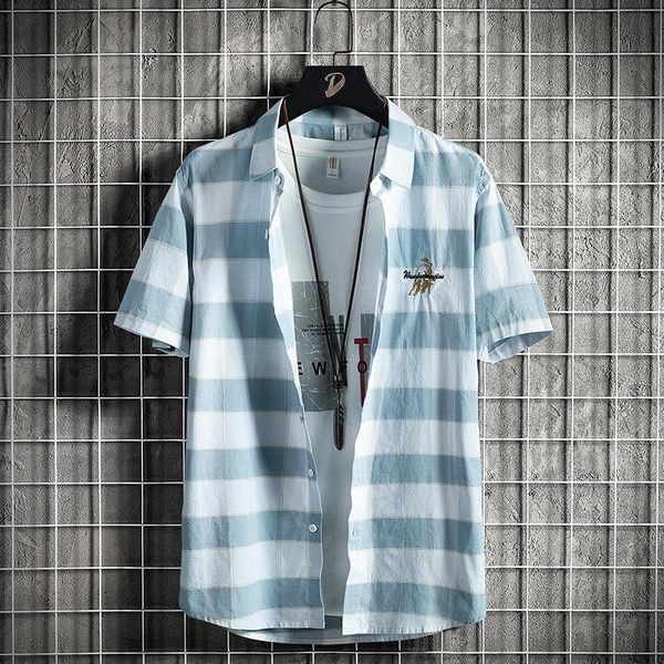 men's casual shirts 2021 summer short sleeve shirt slim cotton plaid lapel youth trend fashion, White;black
men's casual shirts 2021 summer short sleeve shirt slim cotton plaid lapel youth trend fashion, White;black