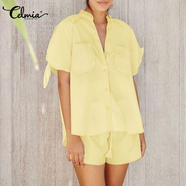 women's pajamas sets celmia 2021 summer casual loose sleepwear short sleeve v neck bandage loose short homewear plus size, White;black
women's pajamas sets celmia 2021 summer casual loose sleepwear short sleeve v neck bandage loose short homewear plus size, White;black