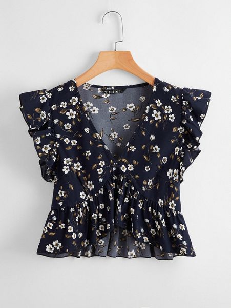 allover floral print ruffle armhole peplum y4kz#, White 
allover floral print ruffle armhole peplum y4kz#, White