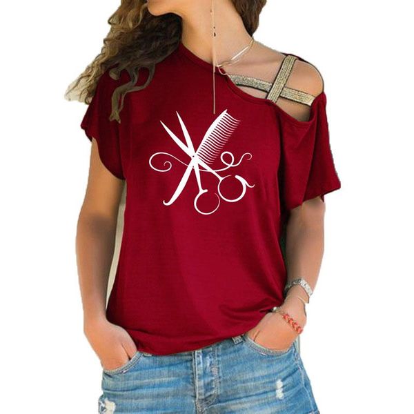 women's t-shirt hair salon scissors graphic print loose irregular women skew neck cross bandage for female barber gift, White
women's t-shirt hair salon scissors graphic print loose irregular women skew neck cross bandage for female barber gift, White