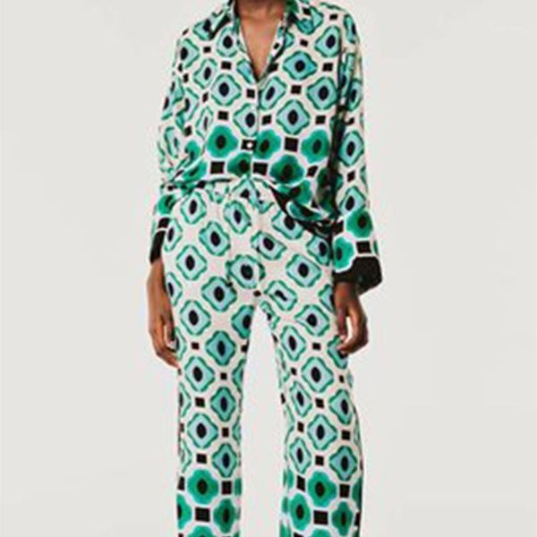 women's two piece pants set green dot printed autumn ladies shirts long sleeve loose turn-down collar female high waist wide leg suit, White
women's two piece pants set green dot printed autumn ladies shirts long sleeve loose turn-down collar female high waist wide leg suit, White