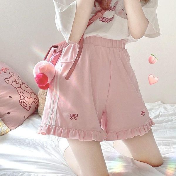 women's shorts japanese lolita kawaii women fashion casual sweet cute pink trousers bowknot ruffle pretty korean clothing summer 2021, White;black
women's shorts japanese lolita kawaii women fashion casual sweet cute pink trousers bowknot ruffle pretty korean clothing summer 2021, White;black