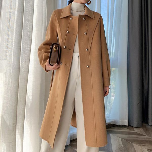 women's wool & blends coat double-sided tweed medium long double breasted lace up loose 2021 autumn and winter style, Black
women's wool & blends coat double-sided tweed medium long double breasted lace up loose 2021 autumn and winter style, Black