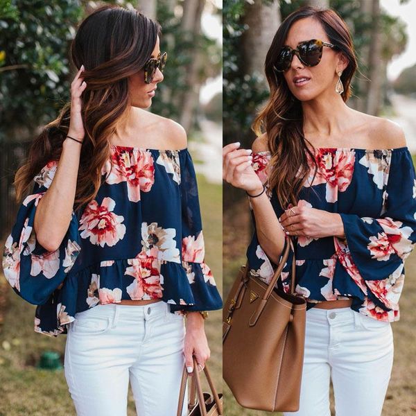women's blouses & shirts summer three quarter sleeve slash neck floral print loose blouse casual shirt, White
women's blouses & shirts summer three quarter sleeve slash neck floral print loose blouse casual shirt, White