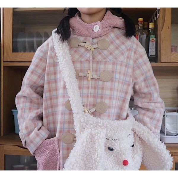 women's wool & blends heydress winter sweet girl pink plaid thick warm woolen coats women horn button lamber fur hooded cute outerwear, Black
women's wool & blends heydress winter sweet girl pink plaid thick warm woolen coats women horn button lamber fur hooded cute outerwear, Black