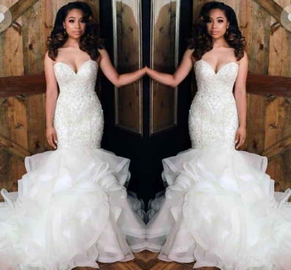 2021 african new strapless organza mermaid es beaded applique layer ruffles floor length bridal wedding gowns 8dhz, White
2021 african new strapless organza mermaid es beaded applique layer ruffles floor length bridal wedding gowns 8dhz, White