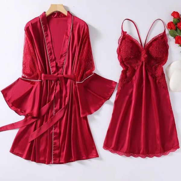 women's sleepwear flared sleeve kimono robe gown set female satin summer lace bathrobe nightgown with beast bras hollow out lounge, Black;red
women's sleepwear flared sleeve kimono robe gown set female satin summer lace bathrobe nightgown with beast bras hollow out lounge, Black;red