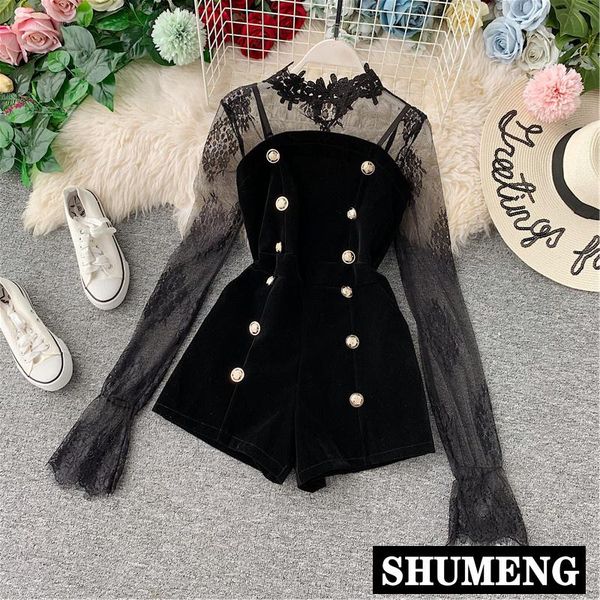 women's tracksuits women perspective lace embroidery mesh shirt + double-breasted golden velvet playsuit shorts two-piece girls ladies, Gray
women's tracksuits women perspective lace embroidery mesh shirt + double-breasted golden velvet playsuit shorts two-piece girls ladies, Gray