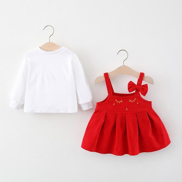 girl's dresses 2pcs toddler girl baby clothes set fall white + bow red suspender dress fashion, Red;yellow
girl's dresses 2pcs toddler girl baby clothes set fall white + bow red suspender dress fashion, Red;yellow