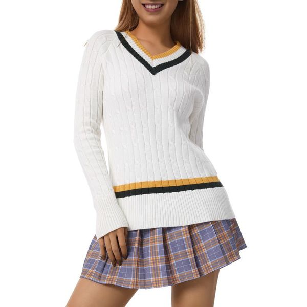 women's sweaters ladies oversize sweater autumn winter white long sleeve knitted with color block stripes v-neck soft loose, White;black
women's sweaters ladies oversize sweater autumn winter white long sleeve knitted with color block stripes v-neck soft loose, White;black