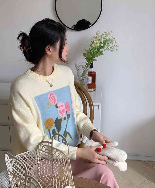 sweater knit jacquard female autumn and winter thick 2021 lazy pullover wearing loose soft milk, White;black