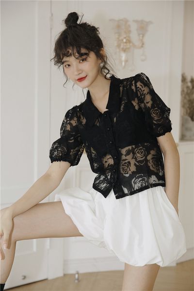 2021 new see through vintage black lace women sleeve summer button up ladies korean blouse fashion clothing cbzl, White
2021 new see through vintage black lace women sleeve summer button up ladies korean blouse fashion clothing cbzl, White