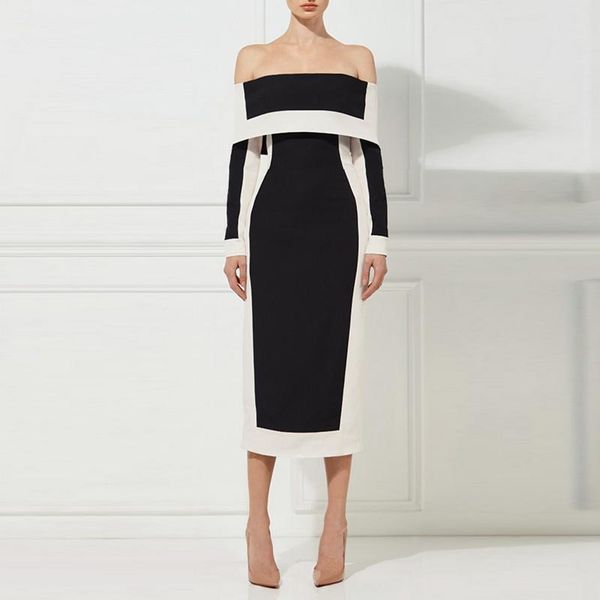 casual dresses european station 2021 product black and white long-sleeve fashion one-word neckline dress., Black;gray
casual dresses european station 2021 product black and white long-sleeve fashion one-word neckline dress., Black;gray