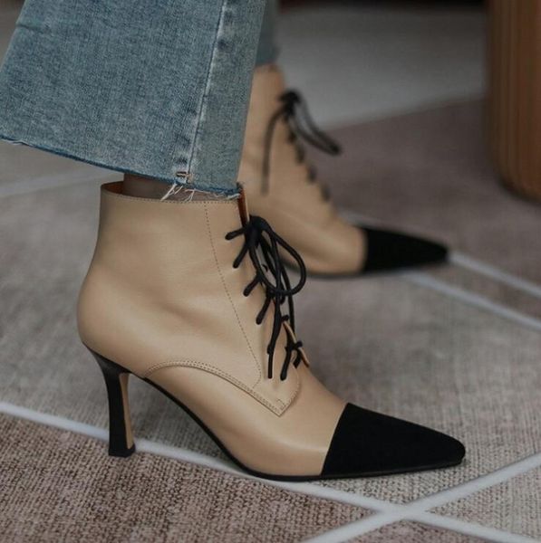 fashion cowskin goblet boots lace up pointed toe short boot winter mixcolor winter thin high heel boots, Black
fashion cowskin goblet boots lace up pointed toe short boot winter mixcolor winter thin high heel boots, Black