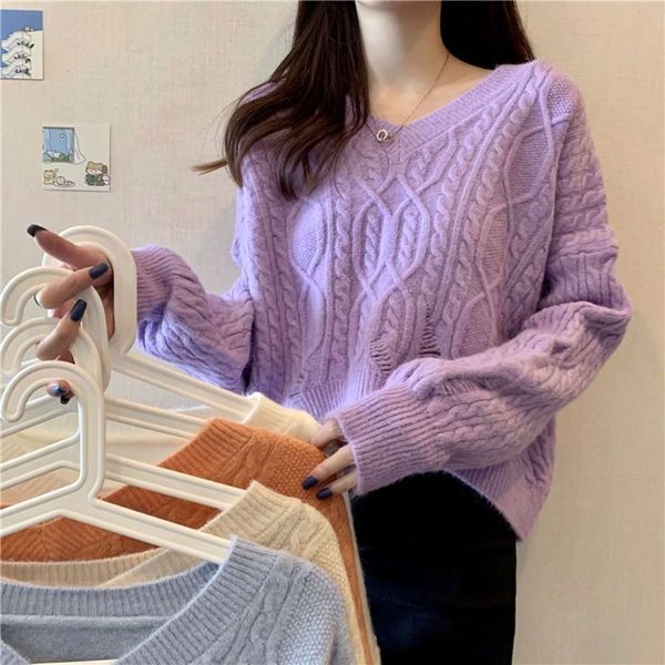 fashion hole purple twist women's loose sleeve lazy v-neck autumn and winter wear short bottomed sweater luxury, White;black
fashion hole purple twist women's loose sleeve lazy v-neck autumn and winter wear short bottomed sweater luxury, White;black
